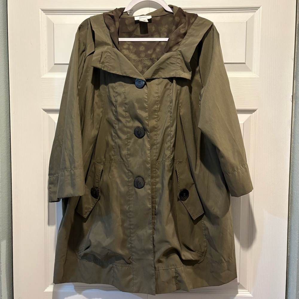 Dorman olive green trenchcoat hooded raincoat roll up sleeves pockets sz L